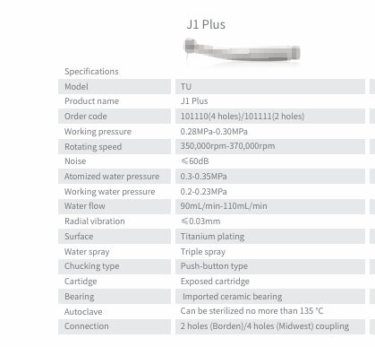 Dental HS Handpiece J1 Plus-TU High-Speed Handpiece (4-Hole, Torque Head) Ideal For Crown prep & High-Torque Procedures