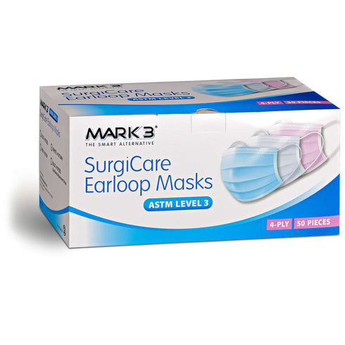 SurgiCare White Earloop Face Masks Level 3 4ply 50/bx. - MARK3®*