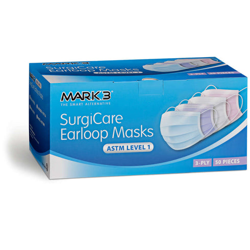 SurgiCare Blue Earloop Face Masks Level 1 3ply 50/bx. - MARK3®*