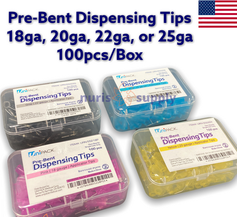 Pre-Bent Needle Applicator Tips Dispensing Tips 18ga, 20ga, 22ga, 25ga Etchant Flow Resin Tips 100pcs/Bx